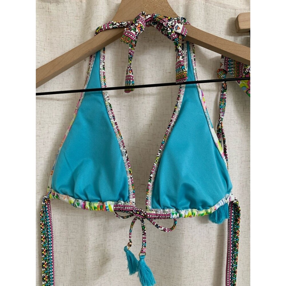 Rod Beattie Bleu Colorful Paisley Halter Bikini Set Tassels Teal Neon Accents 6 - Picture 3 of 10